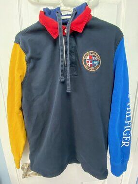 Vintage 90s Tommy Hilfiger colorblock rugby hoodie - Size M